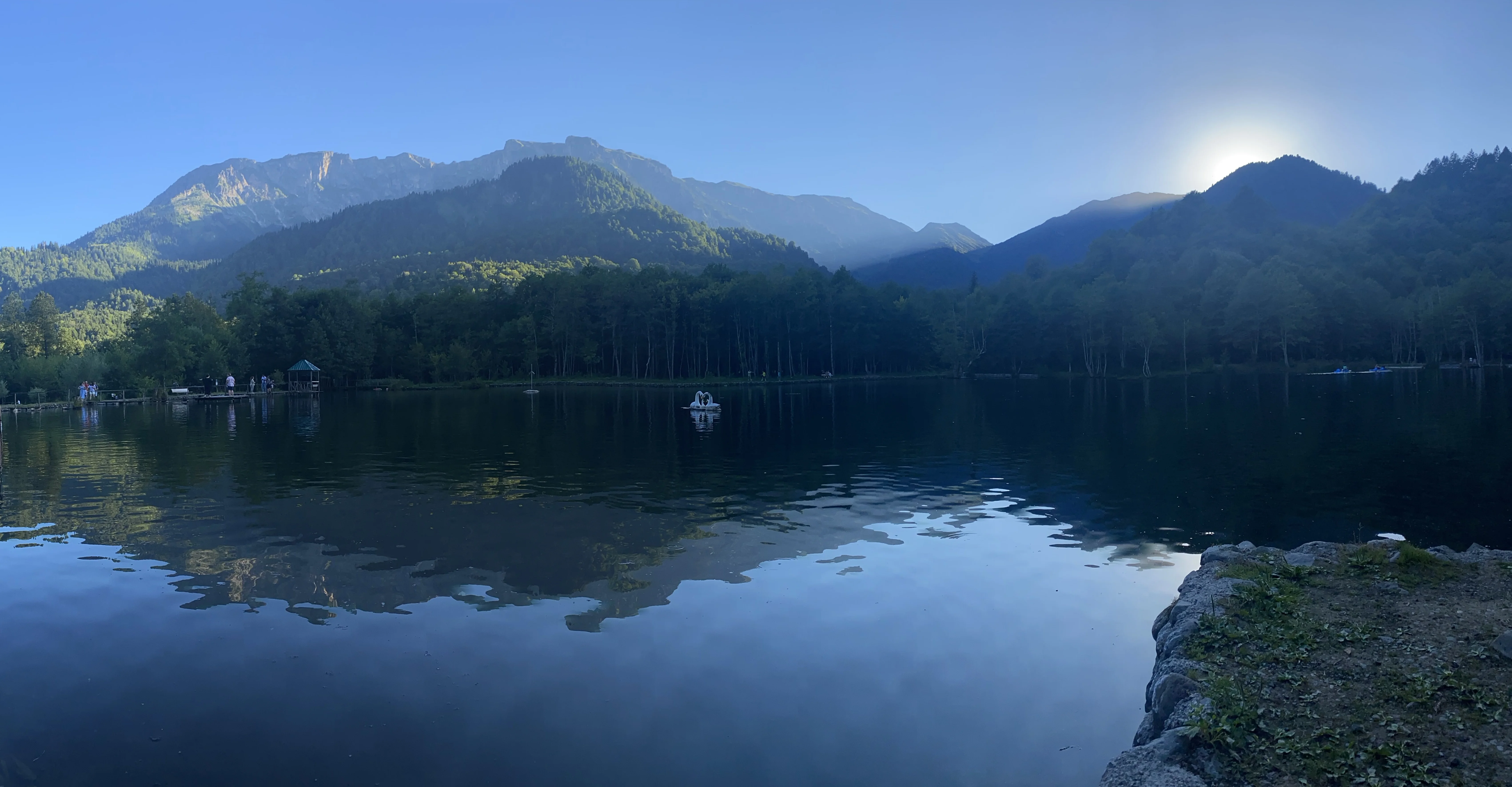 Panorama view of a lake, rich vegetation of corniferes at opposing bank, mountains in background, blue sky, twilight